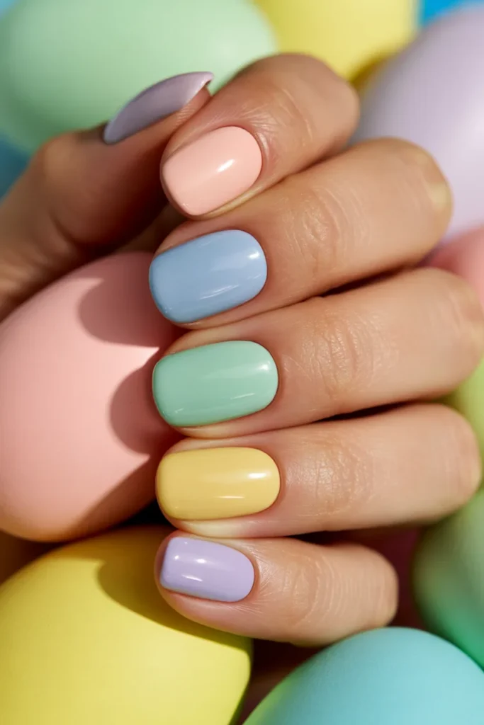 15. Spring Nails Easter — Pastel Multicolour Short Nails