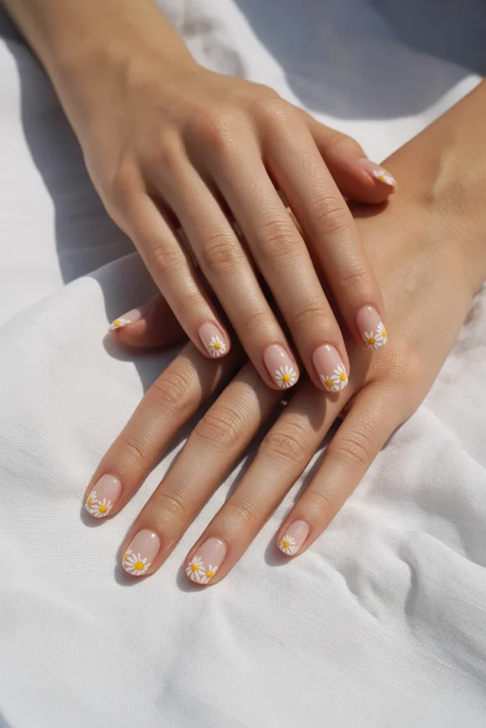 15. Yellow Spring Nails Short — Daisy French Tip