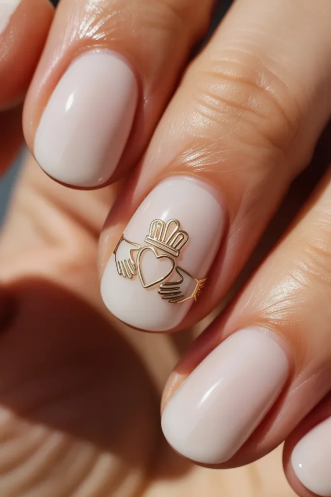 16. Claddagh Nails — White and Gold Minimalist