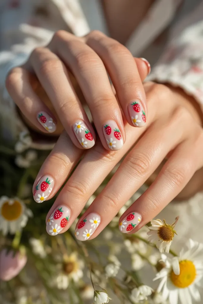 Strawberry Nail Art 17 16. Cute Strawberry Nail Art with Daisies