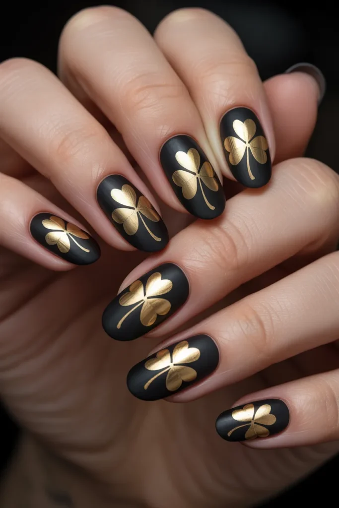 16. Gold Shamrock Nails on Black Base