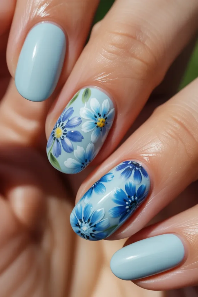 16. Light Blue Nails with Blue Flower Detail