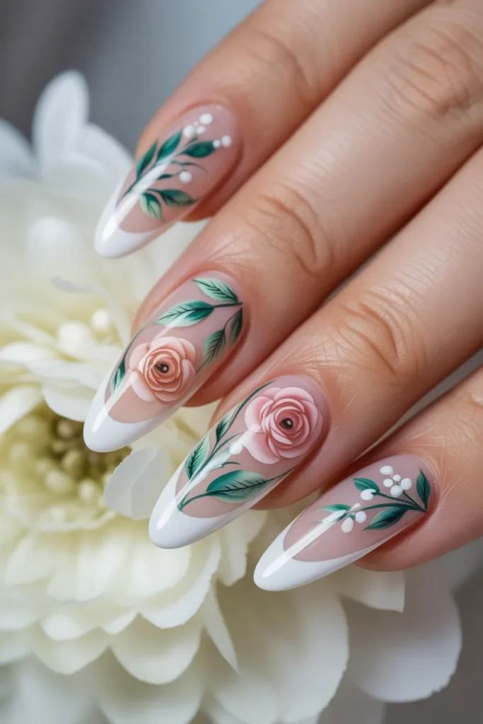 16. Long Gel Almond French Tips with Floral Art