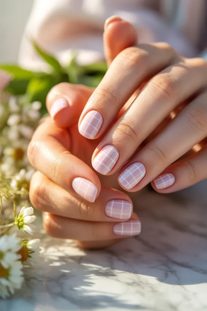 16. Simple Easter Nails Short — Pastel Checkerboard Pattern