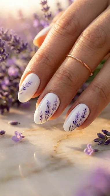 16. White Spring Nails — Lavender Floral Accent