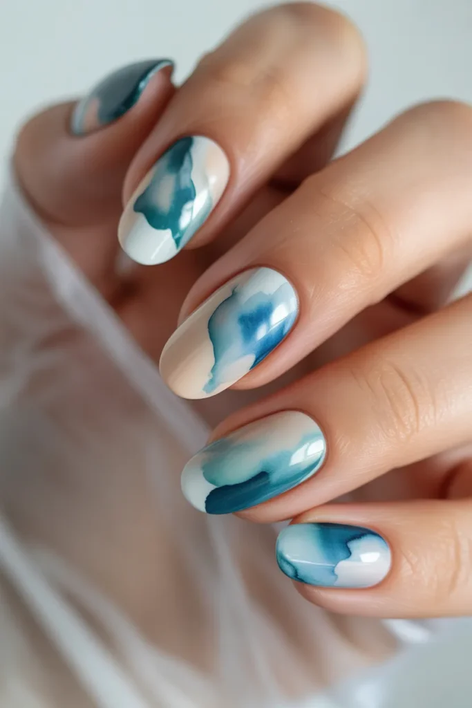 16.Blue Abstract Watercolor Nails