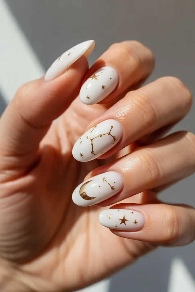 17. Aries Inspired Nails Acrylic — White and Gold Celestial