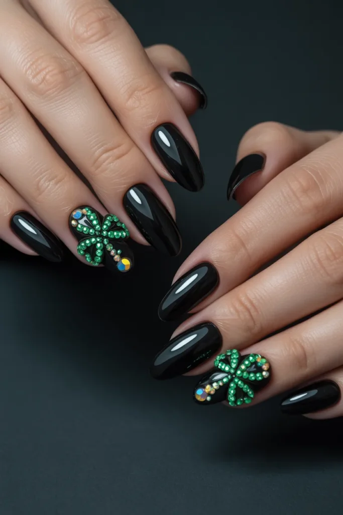 17. Black Nails with Green Rhinestone Clover