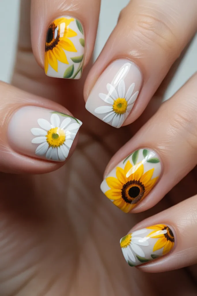 17. Floral Spring Nails — Sunflower and Daisy Mix