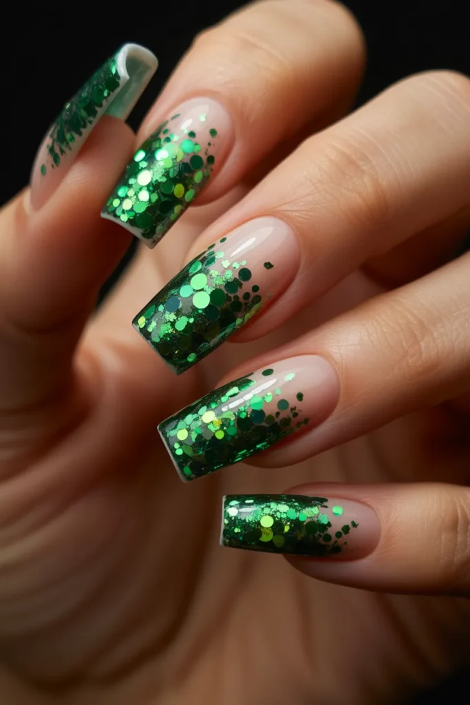 17. Green Glitter Ombre Nails