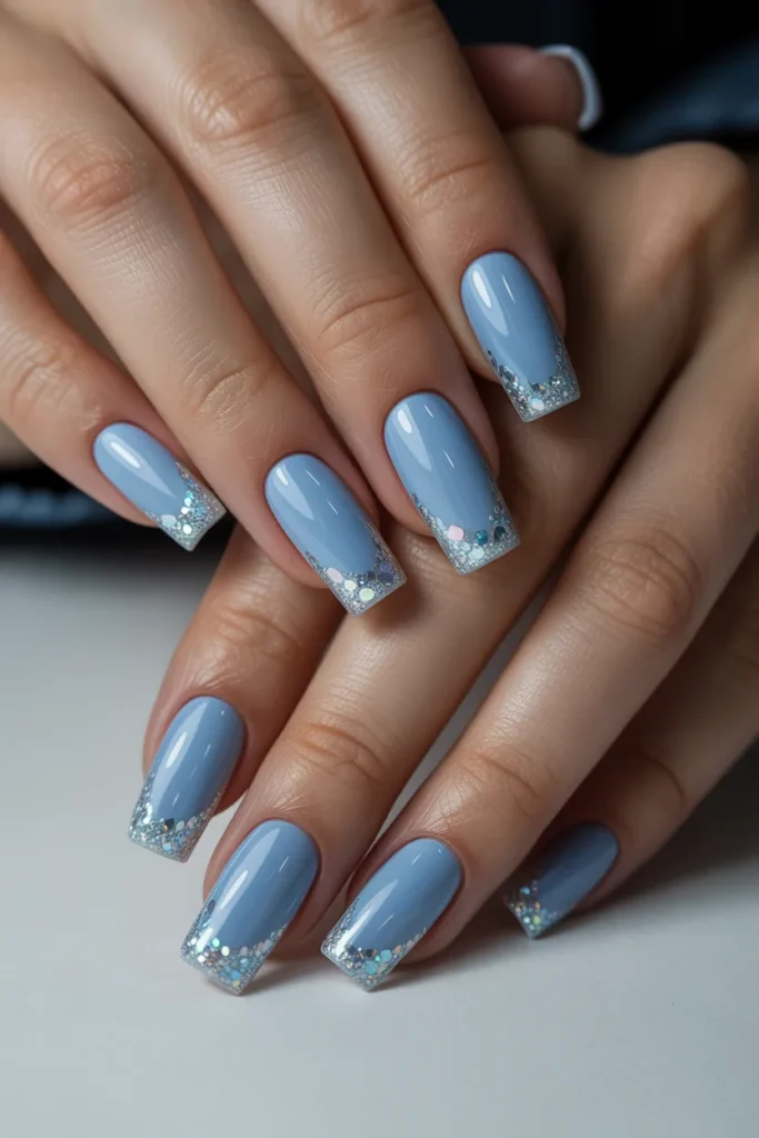17. Light Blue Coffin Nails with Glitter Tips