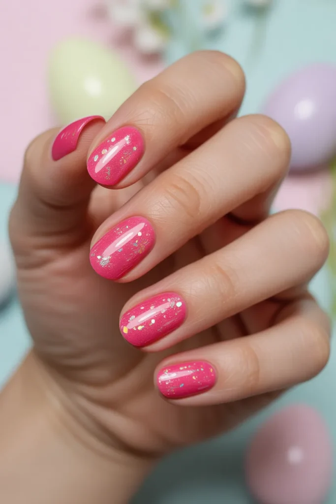 17. Pink Easter Nails Short — Hot Pink Glitter