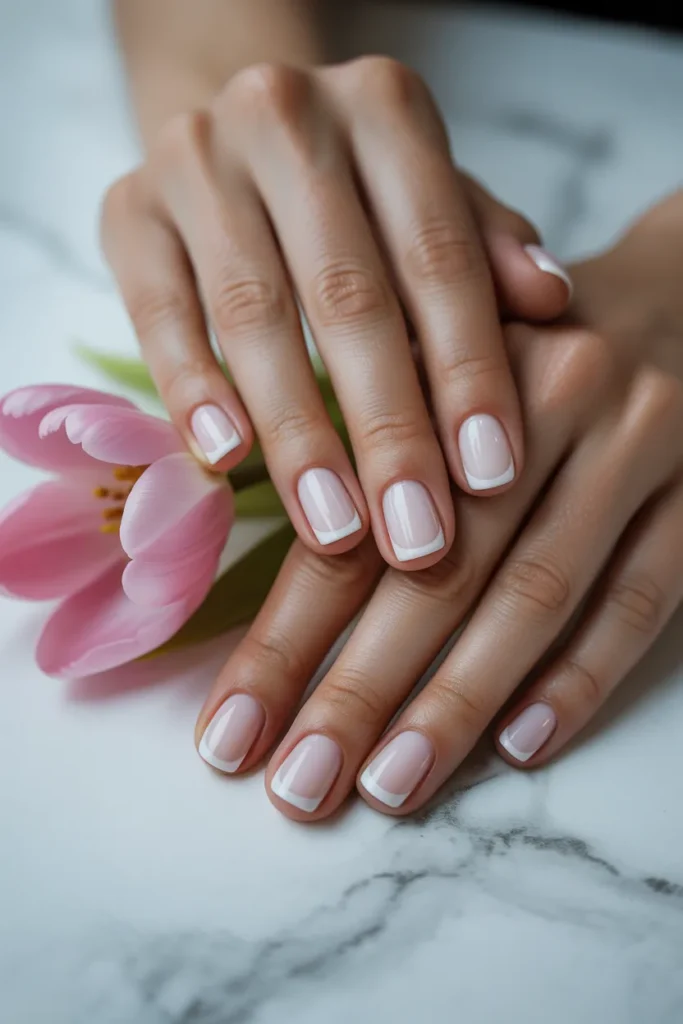 17. Short Square Spring Nails — White with Pink French Tips