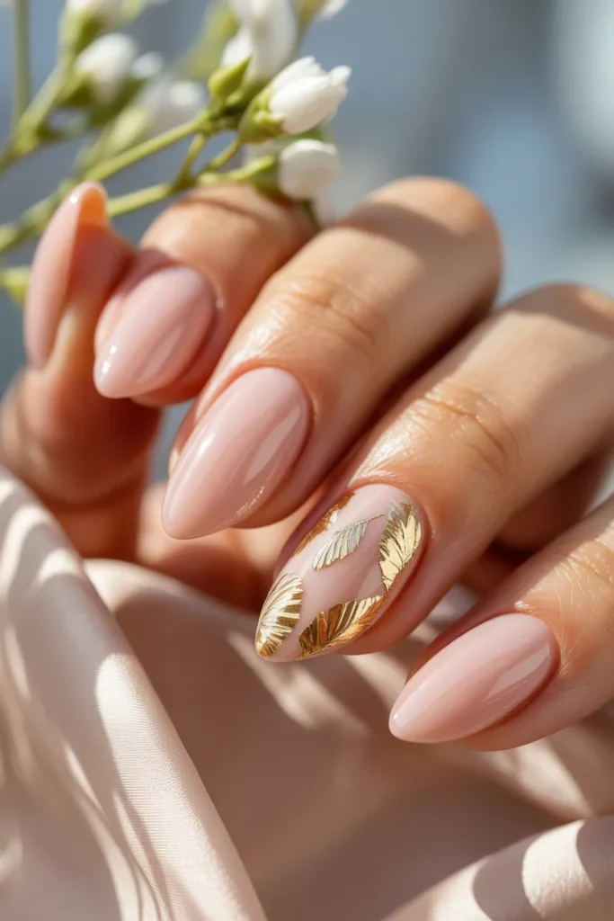 17. Simple Easter Nails Almond — Nude Gold Foil Accent