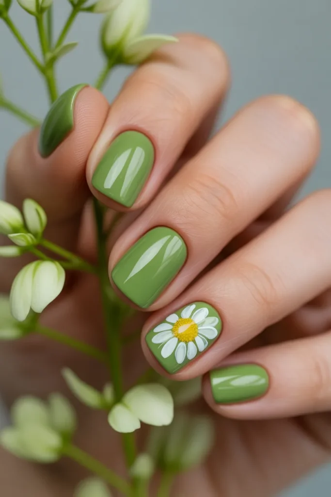 17. Simple Nail Ideas Spring — Soft Green with Daisy Accent