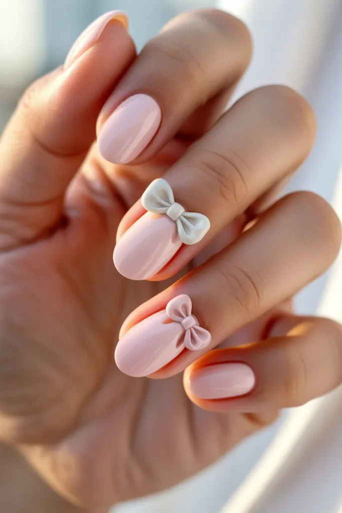 17. Soft Pink Nails with 3D Bow Accents