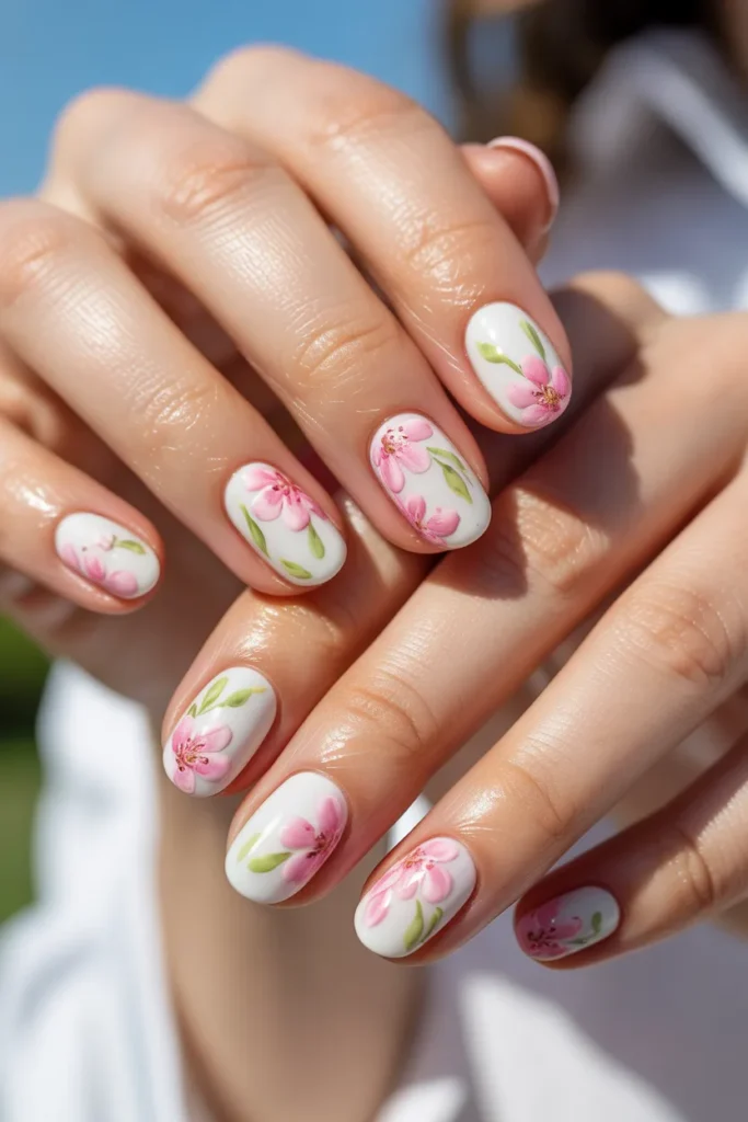 17. Spring Gel Nails — Pink Florals with White Base