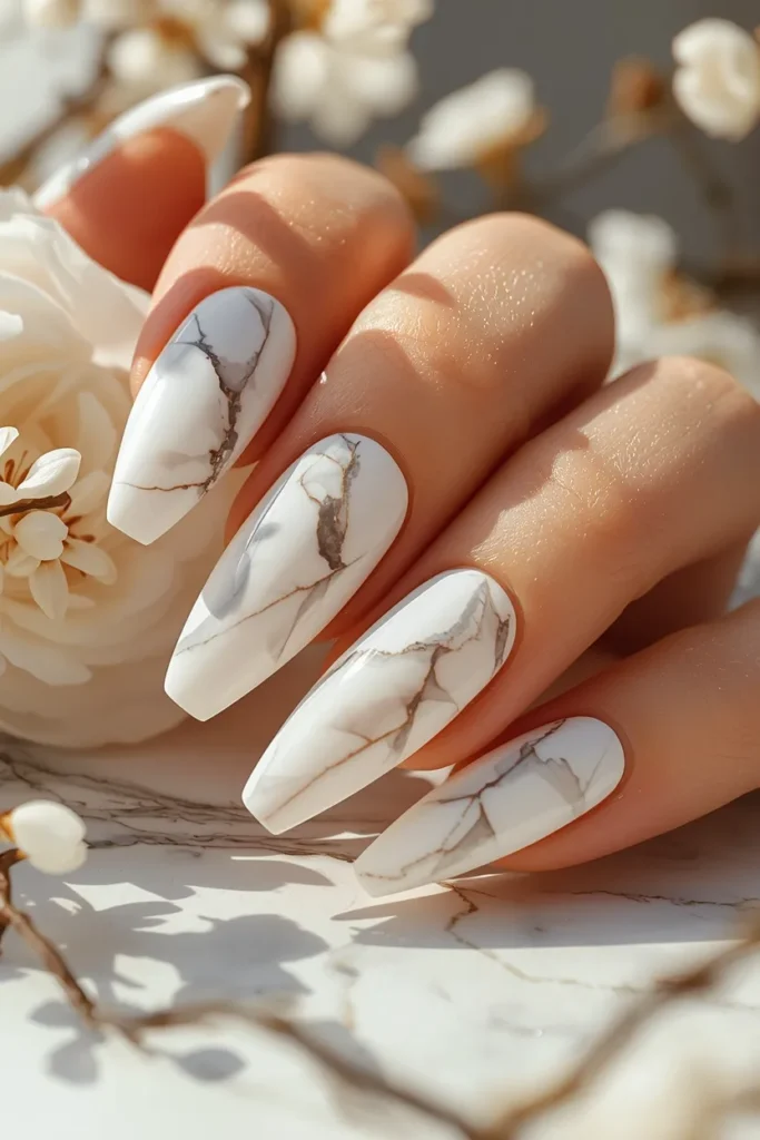 17. Spring Nails White — Marble Effect