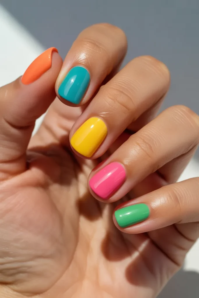 17. Vibrant Multicolor Short Nails