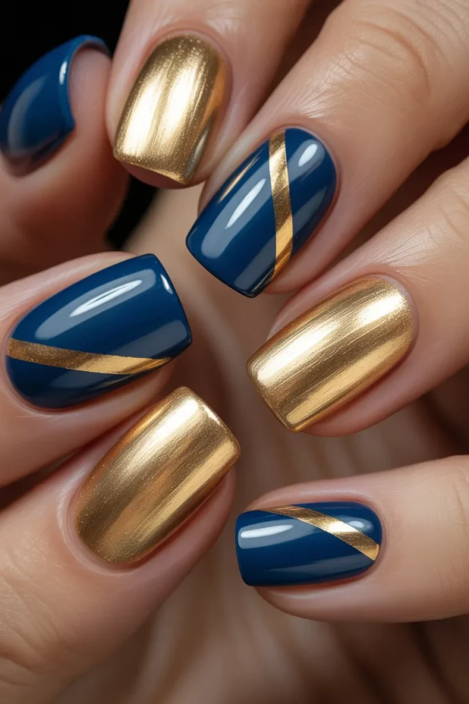 17.Blue and Gold Foil Nails