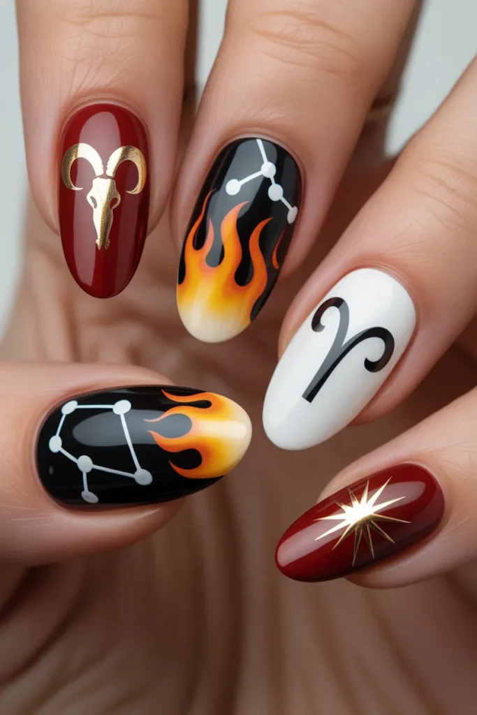 Aries Nail Designs 19 18. Aries Nail Set Ideas — Multicolour Zodiac Set