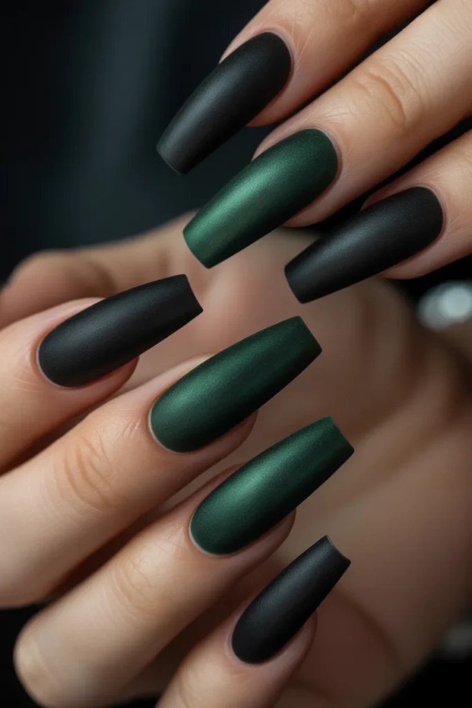 18. Black and Dark Green Velvet Duo Nails 1