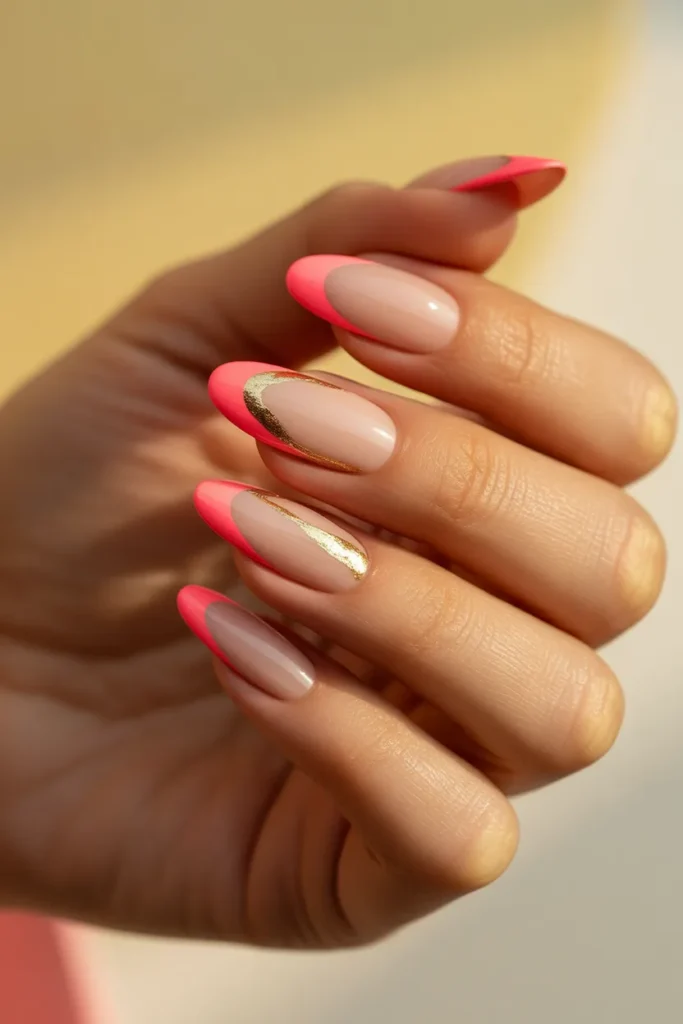 18. Coral Pink Tips with Golden Accents