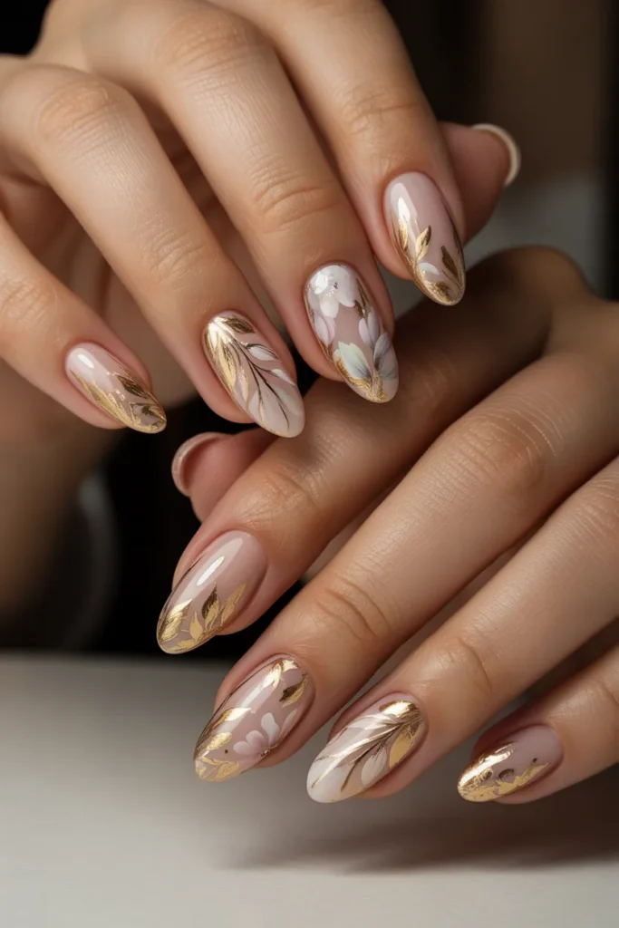 18. Elegant Floral Spring Nails — Gold Leaf and Flowers