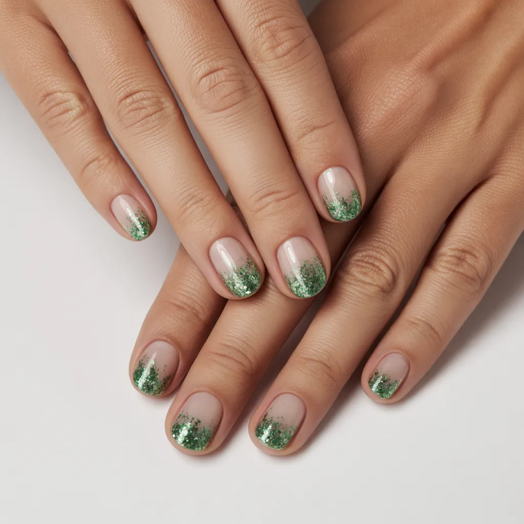 18. Glitter Green Ombre Short Nails