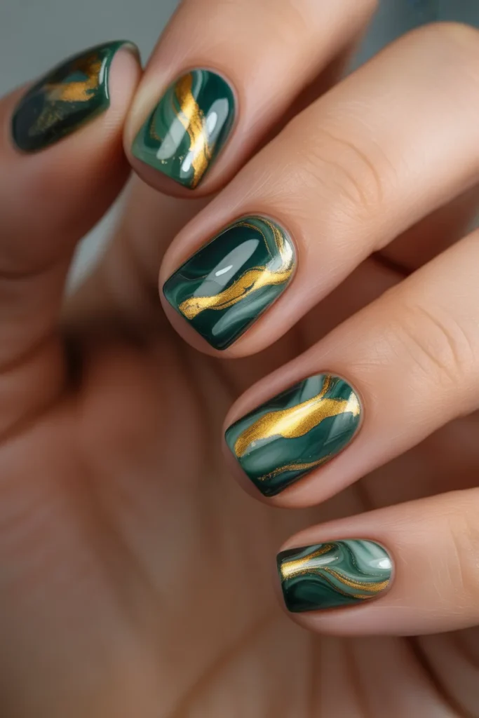 18. Green and Gold Marble Nails