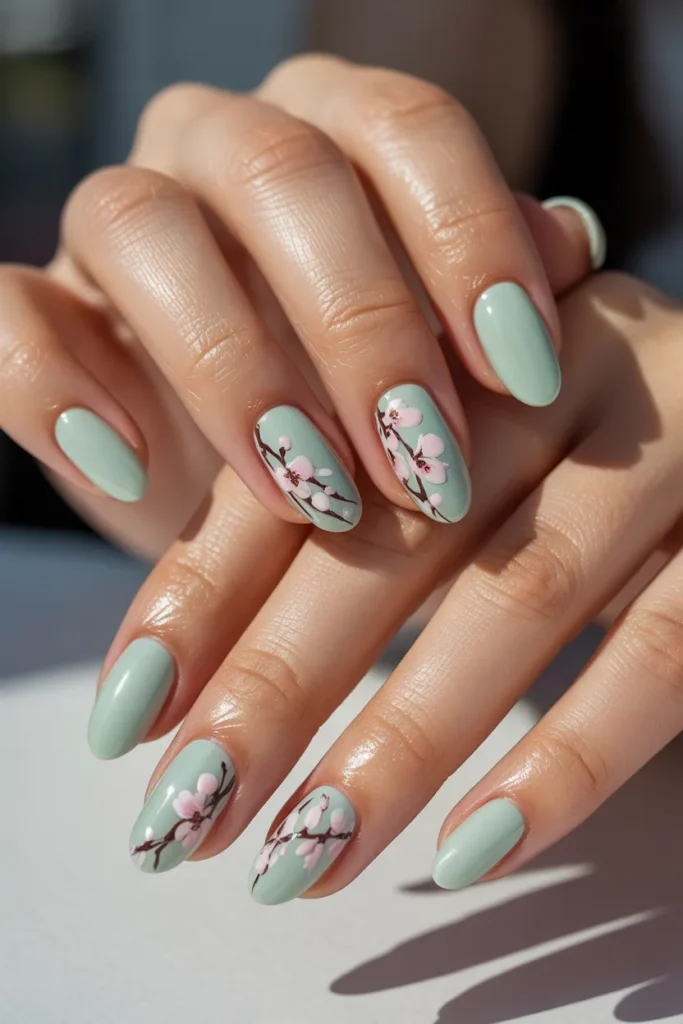 Mint Green Spring Nails 19 18. Mint Green Nails with Cherry Blossom Art