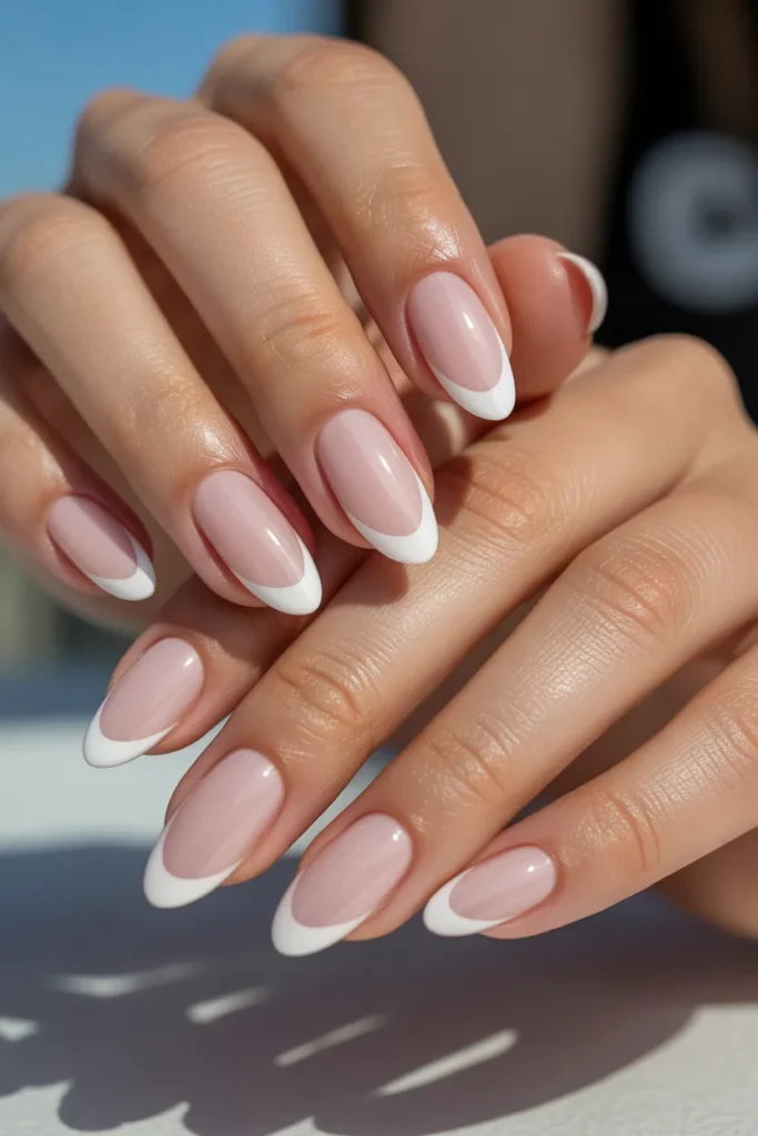 18. Pink and White French Tip Almond Nails