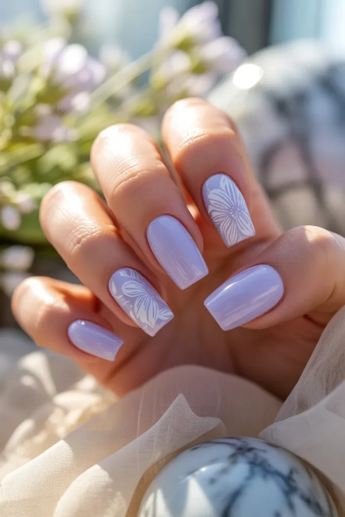 18. Simple Easter Nails Coffin — Pastel Tips with Floral Stamp