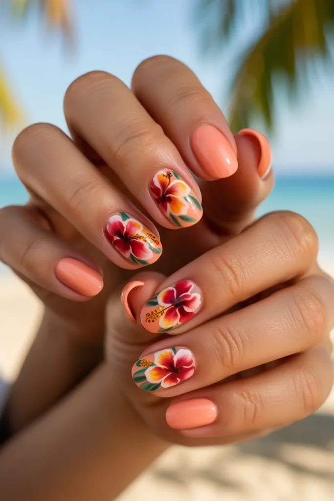 18. Tropical Hibiscus Nail Art