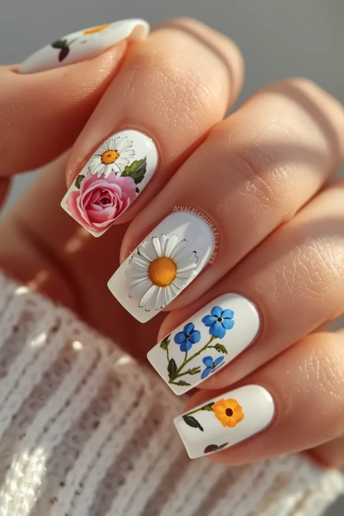 18. White Spring Nails Design — Full Garden Set