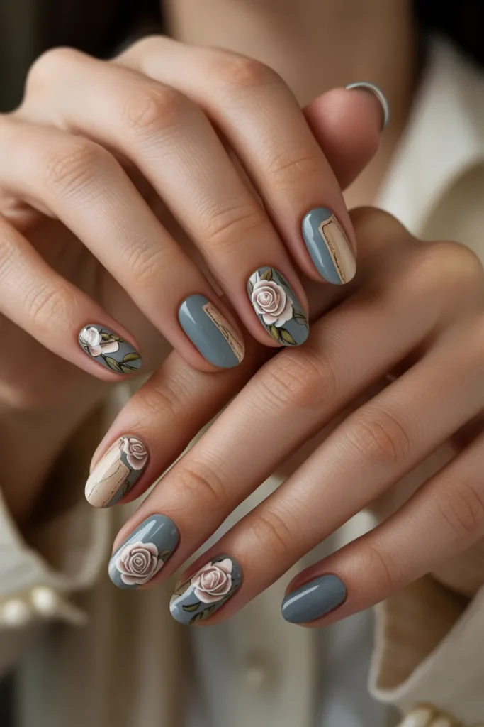 18.Dusty Blue Vintage Nail Art