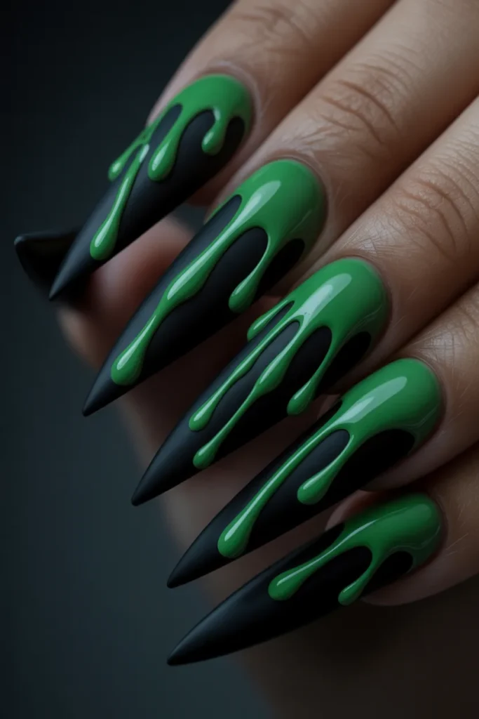 19. Black Nails with Green Drip Art for St. Patricks Day