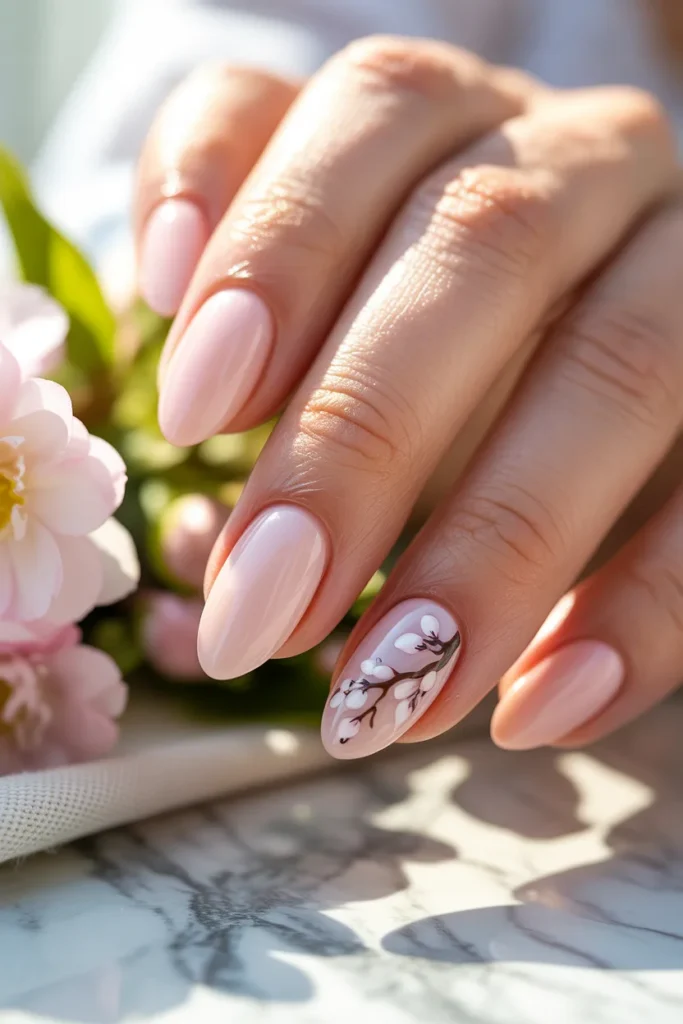 19. Cherry Blossom Easter Nails on Pale Pink — Almond Shape