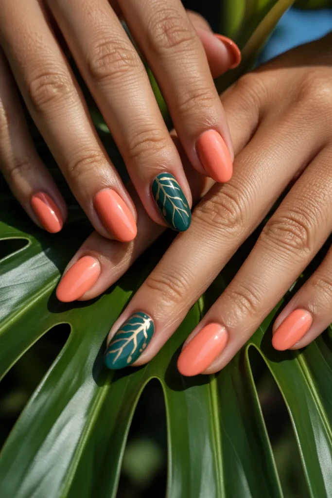 19. Coral Pink with Tropical Leaf Accent — Summer Transition