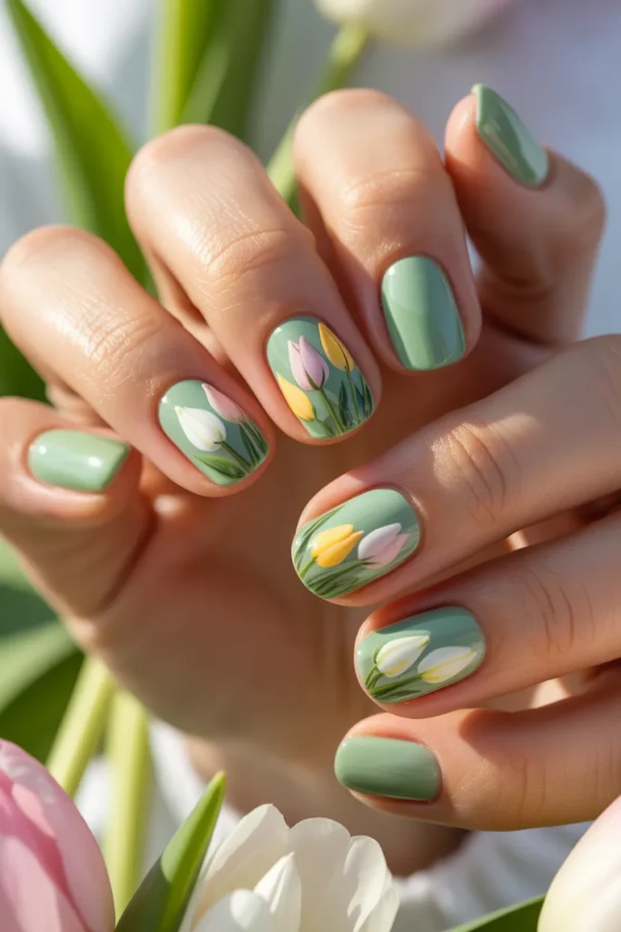 19. Floral Spring Nails Short — Pastel Tulip Design