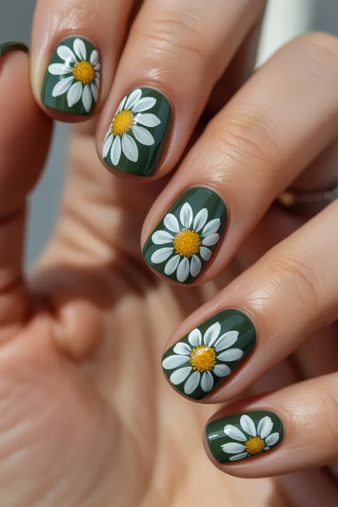 19. Forest Green White Daisy Nails