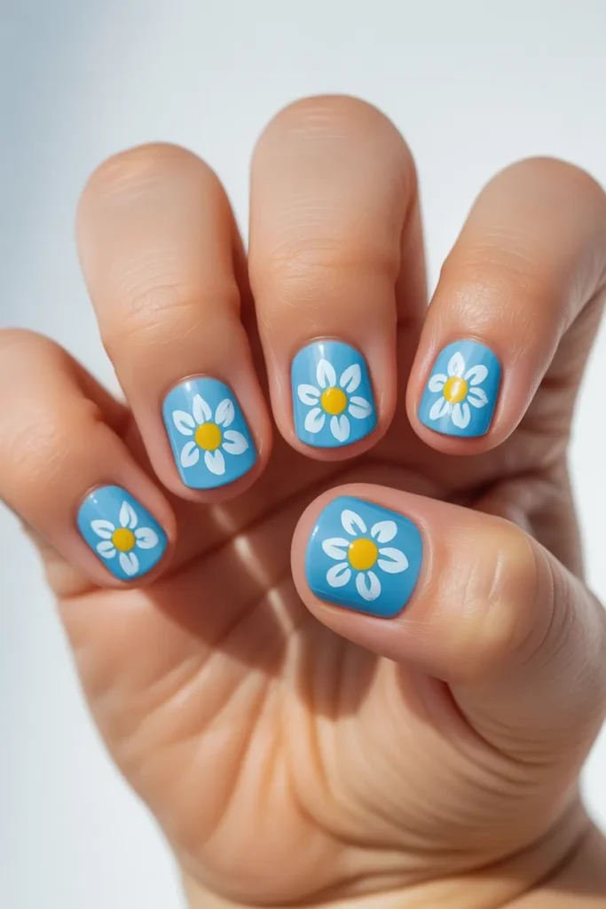 19. Light Blue Nails for Kids — Flower Design