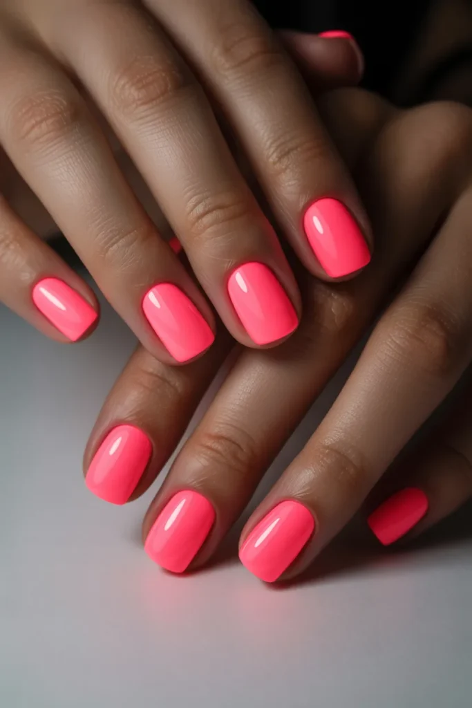 19. Neon Pink Short Square Nails