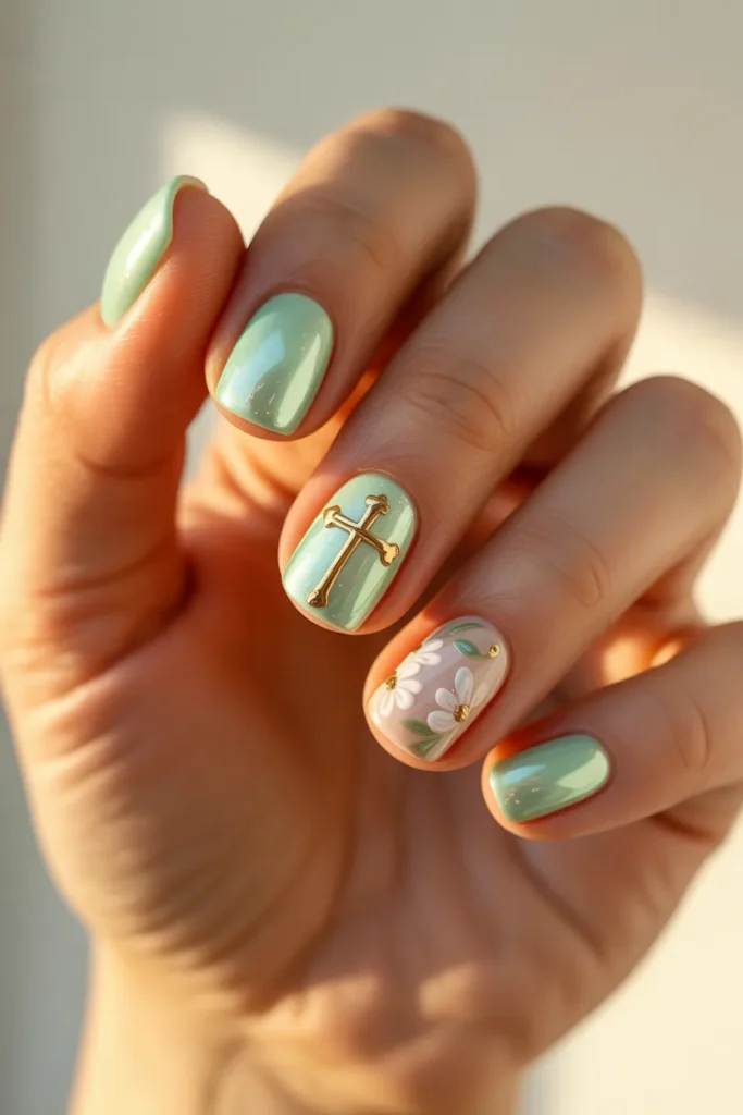19. Pastel Easter Nails — Simple Cross and Floral