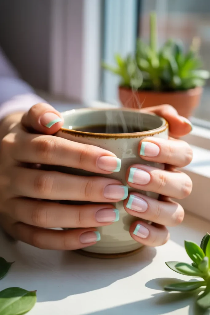 19. Short Square Spring Nails — Pastel Green French Tip