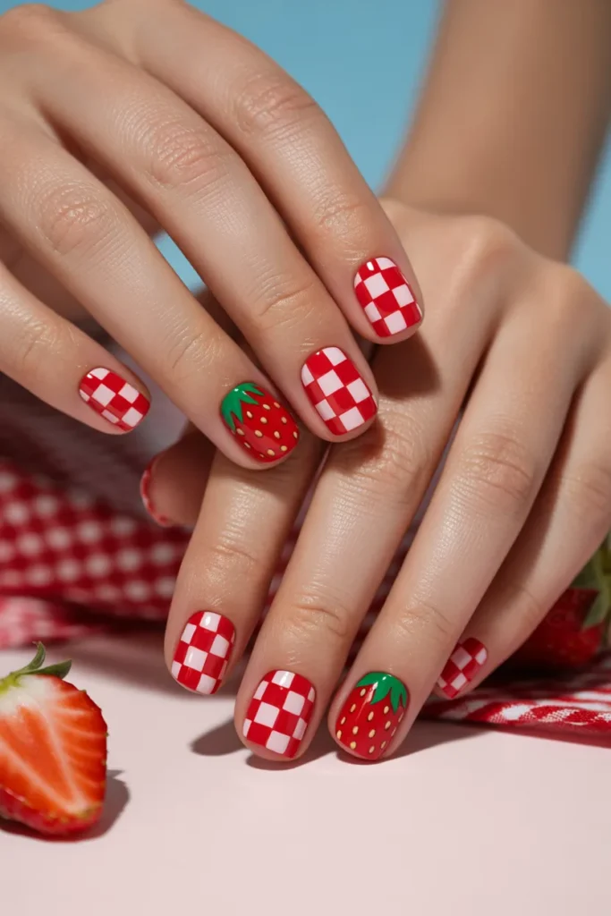Strawberry Nail Art 20 19. Strawberry Nail Art with Checkered Pattern