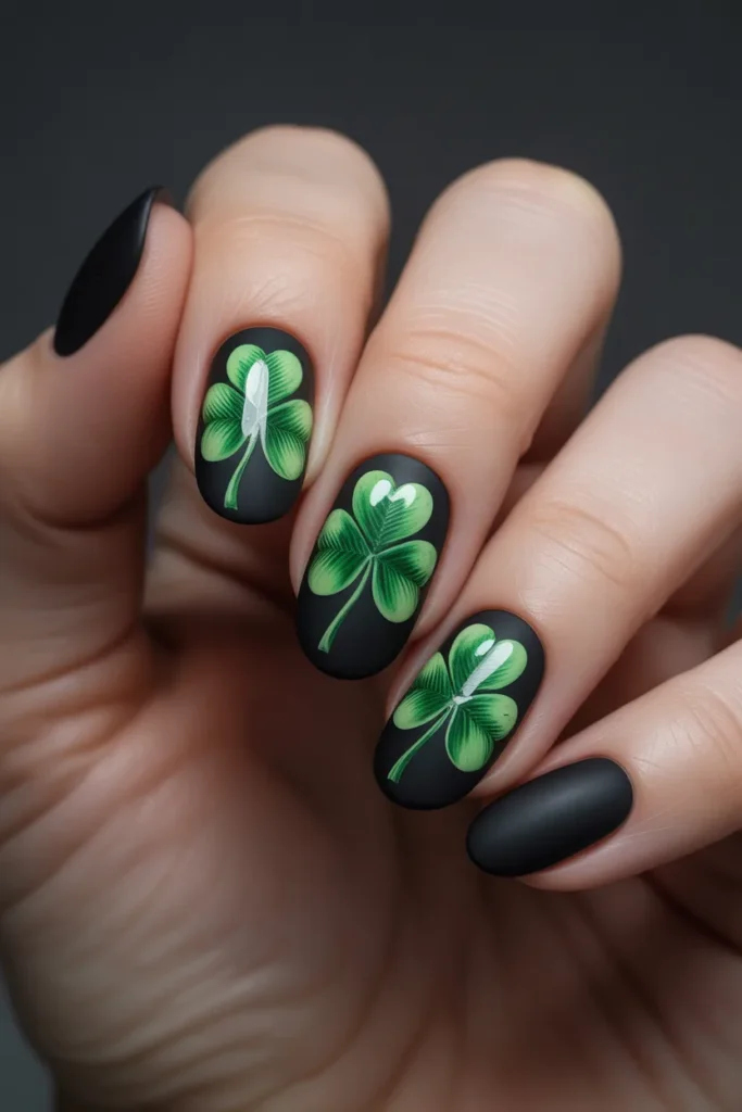 2. Black Nails with Green Shamrock Nail Art