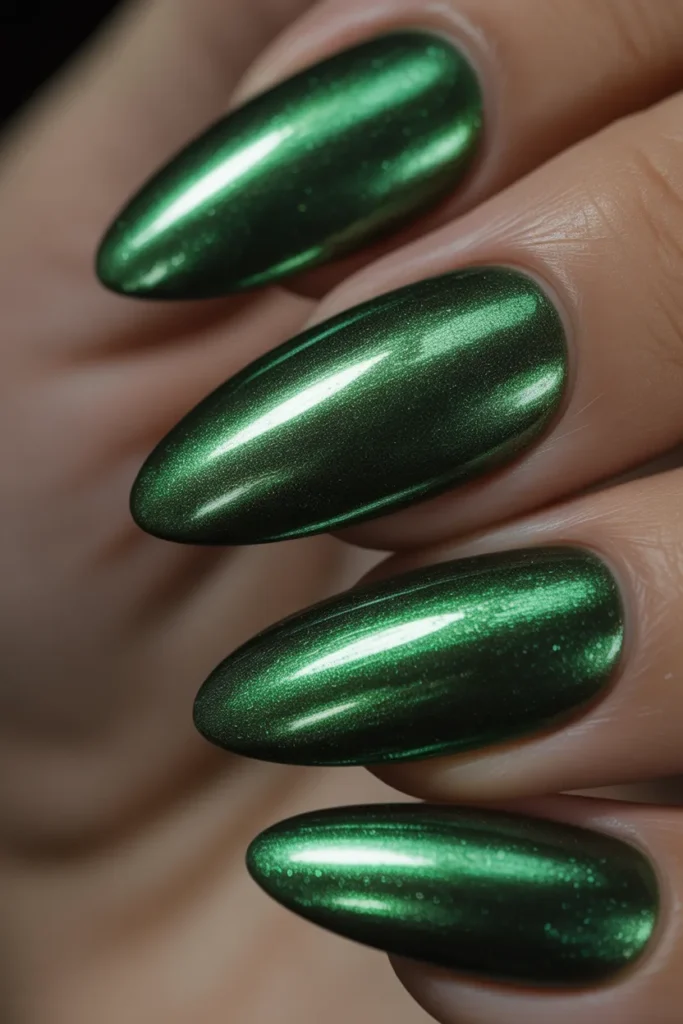 2. Emerald Green Chrome Nails