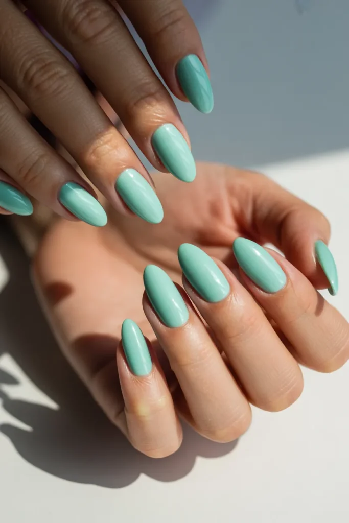 Mint Green Spring Nails 3 2. Mint Green Almond Nails — Classic Shape
