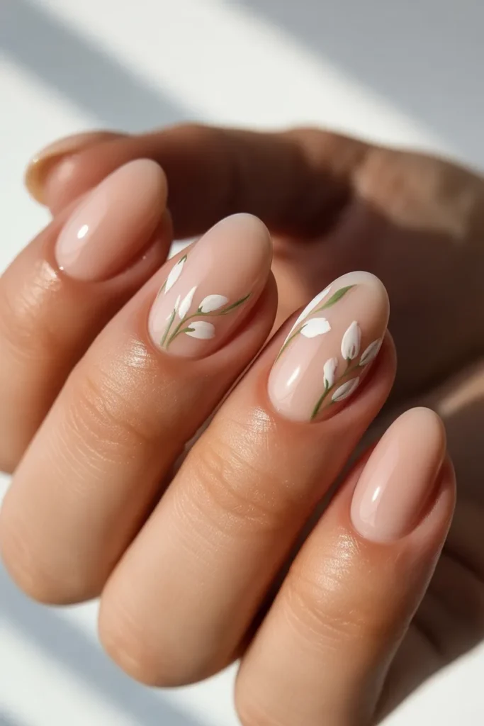 2. Simple White Floral Nails on Nude Base